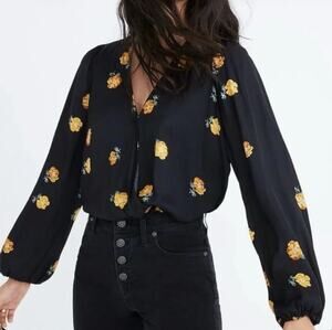 Madewell Womens Top XS Black Satin Floral Blouse Polka Dot